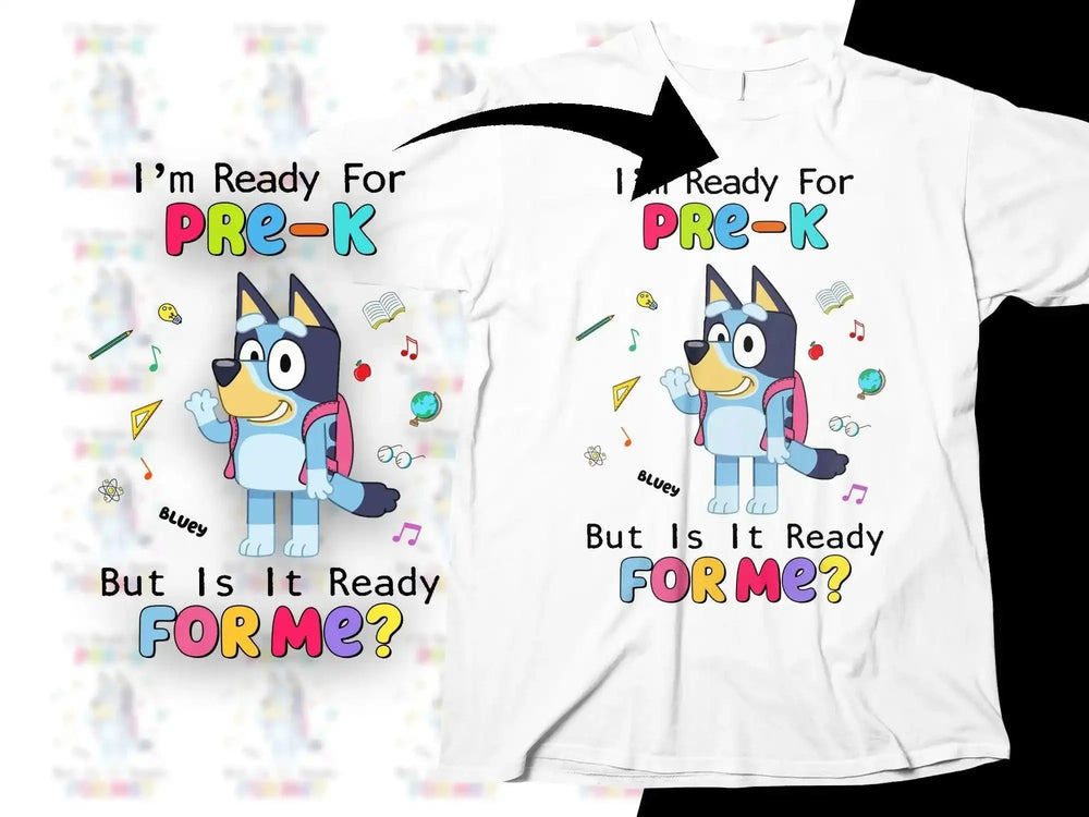 Bluey Pre-K t-shirt design with colorful text and school-themed icons for kids