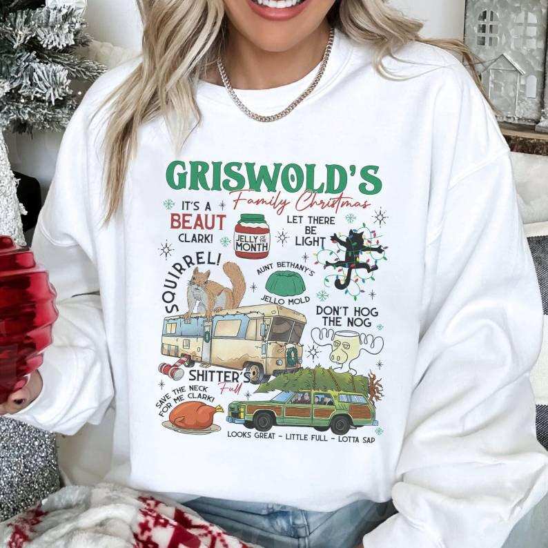 Griswold's Family Christmas sweatshirt with festive quotes and holiday graphics