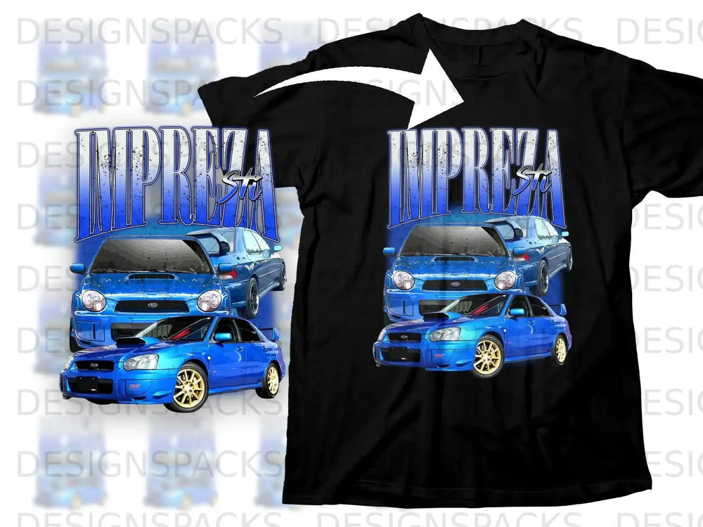 Blue Subaru Impreza graphic t-shirt with text.
