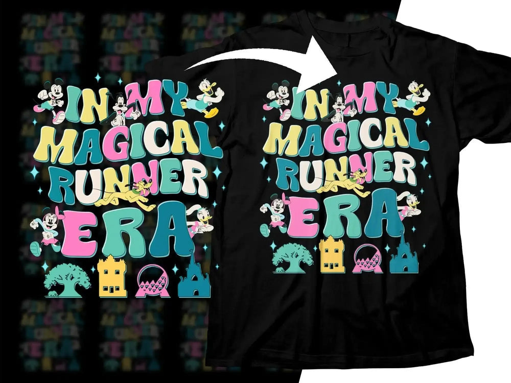 Black t-shirt with colorful 'In My Magical Runner Era' design featuring Disney characters and icons.