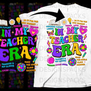 "In My Teacher Era" text with graphics of books, flowers, lightbulb, and apple.