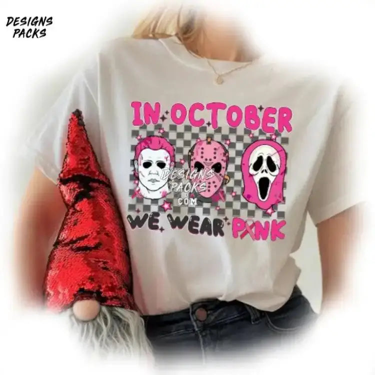 In October We Wear Pink Breast Cancer Horror Characters Png Design