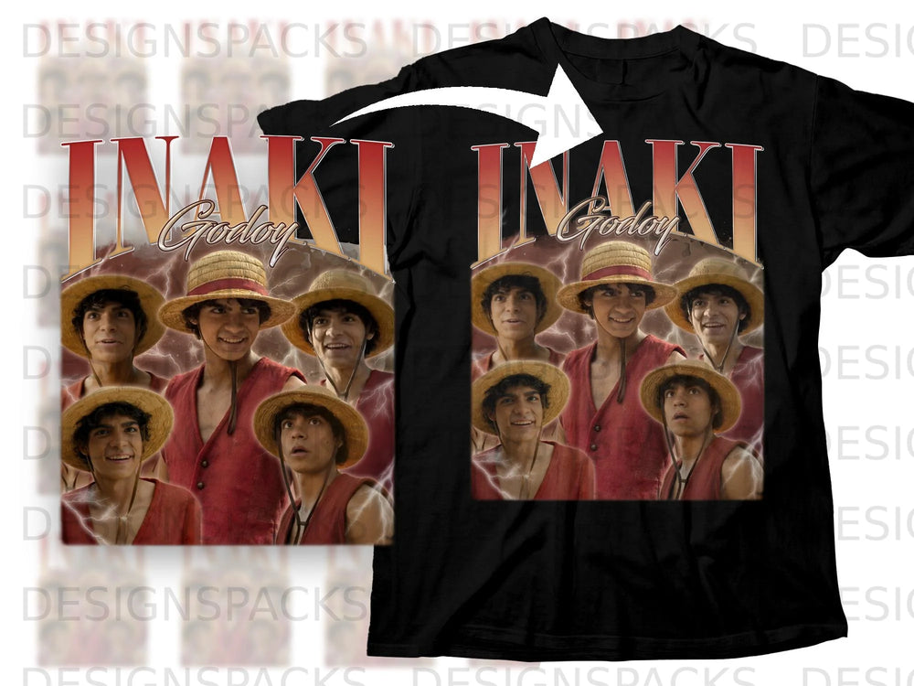 Black t-shirt with "INAKI Godoy" text and multiple portraits of a young man in straw hats.