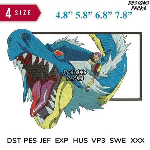 Blue dragon embroidery design with rider, 4 sizes, DST PES JEF formats for machine embroidery