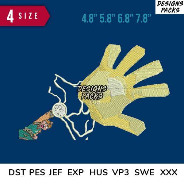 Embroidery design of a yellow glove with lightning, available in multiple sizes and formats