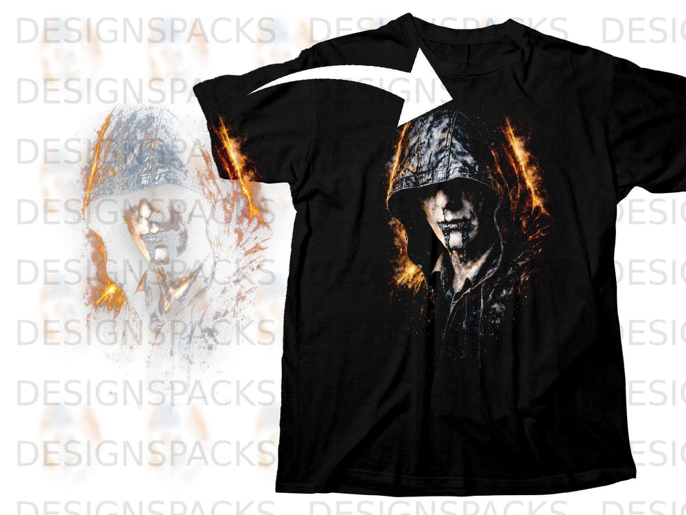 Black t-shirt with a hooded, grim figure graphic and fire effects.