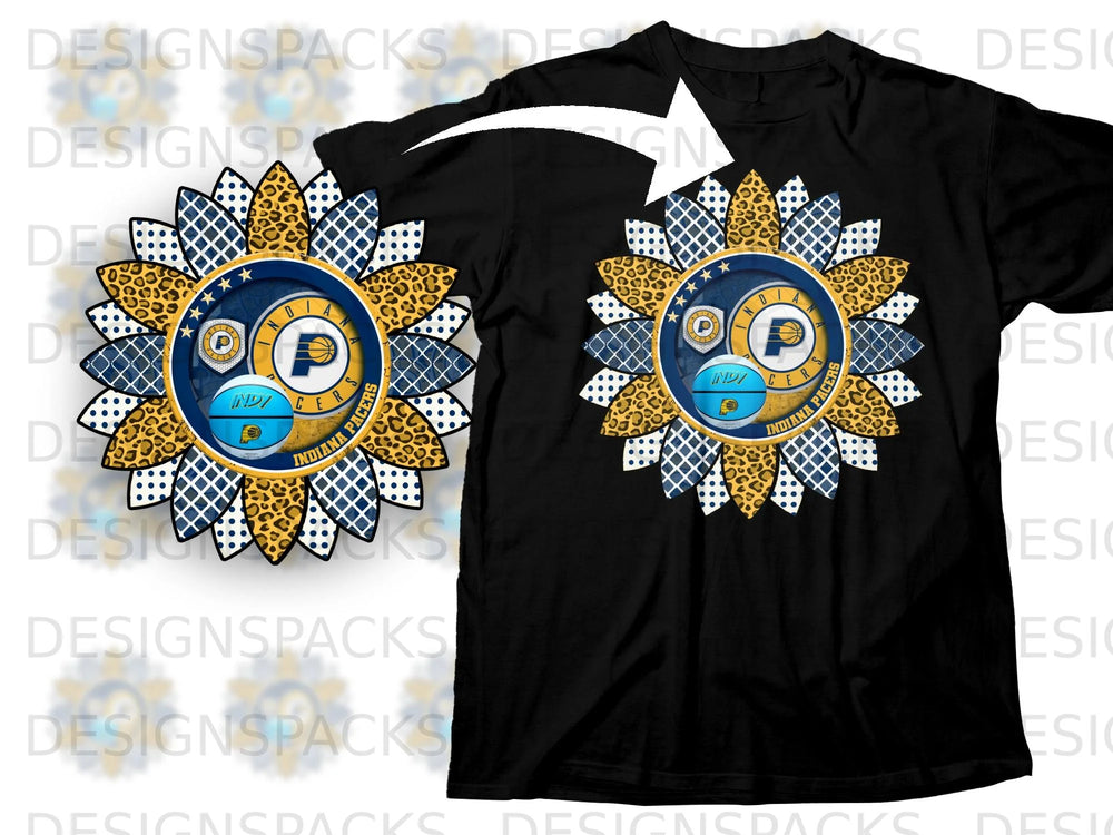 Indiana Pacers sunflower graphic with leopard and checkered patterns on black t-shirt.