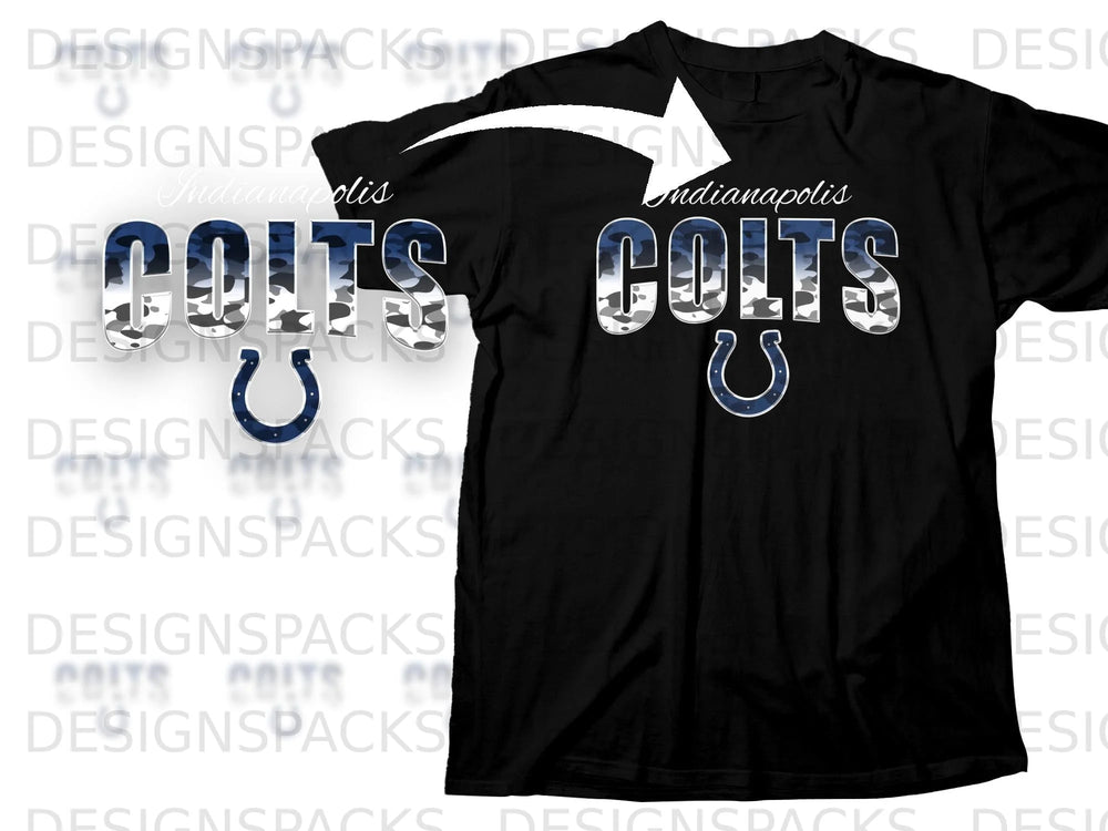 Black t-shirt with Indianapolis Colts logo and text in camouflage pattern.