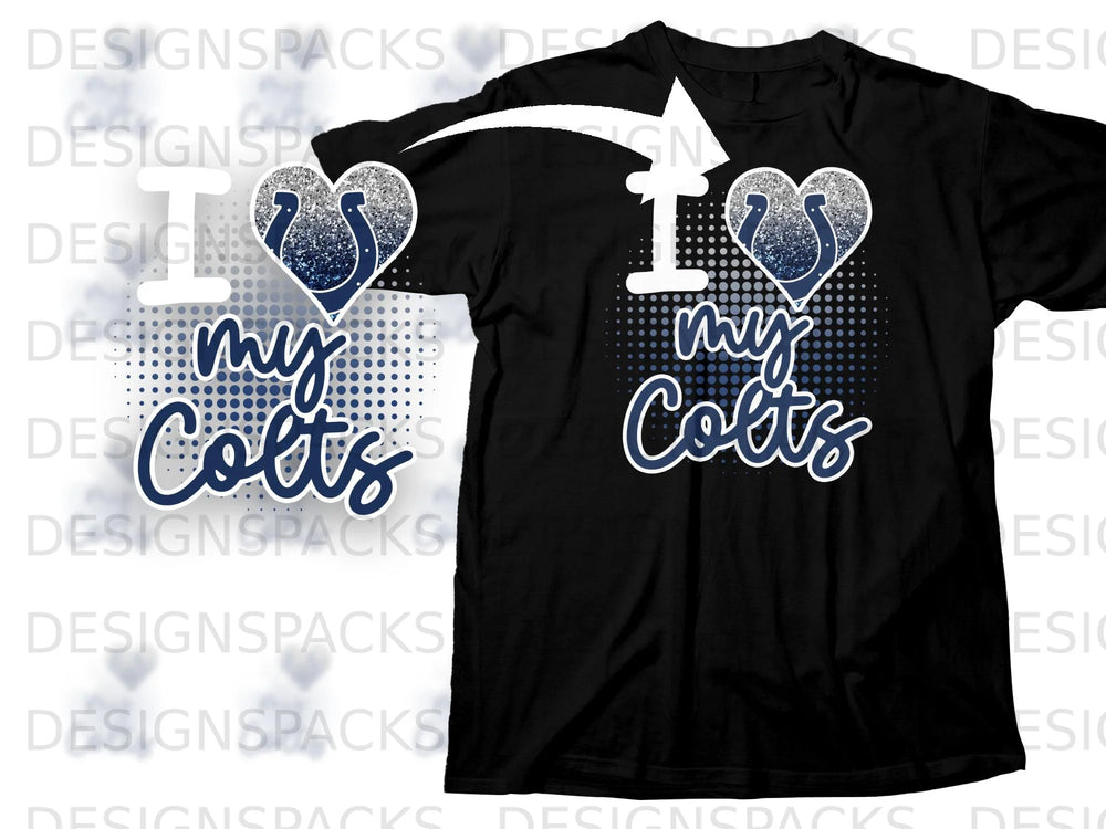 Black t-shirt with "I love my Colts" text and horseshoe heart graphic.