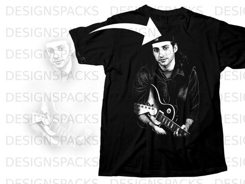 Black t-shirt with a graphic of a man playing a guitar.