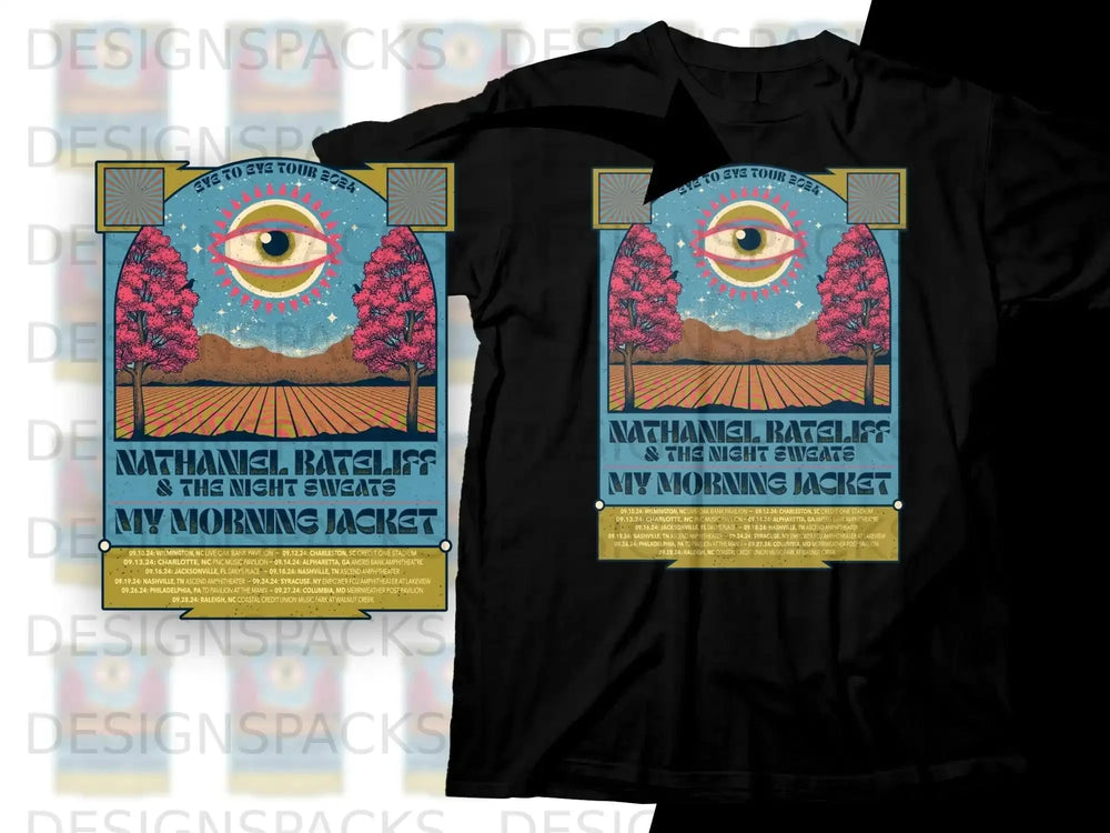 Nathaniel Rateliff & The Night Sweats tour shirt with eye and tree graphics.