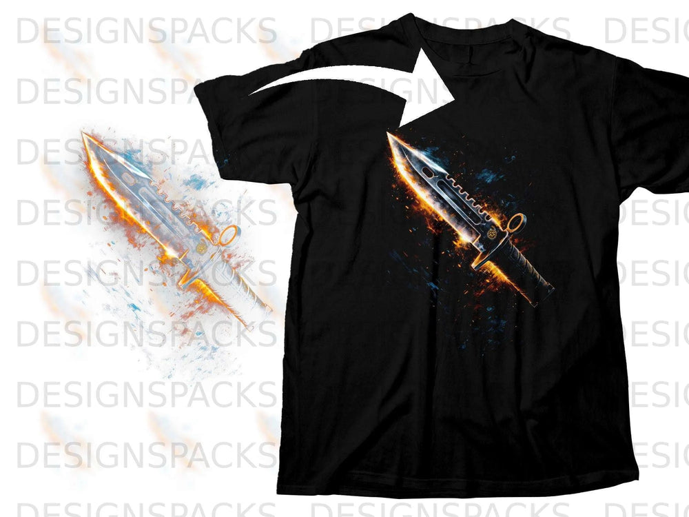 Black t-shirt with a fiery, glowing bayonet knife graphic.