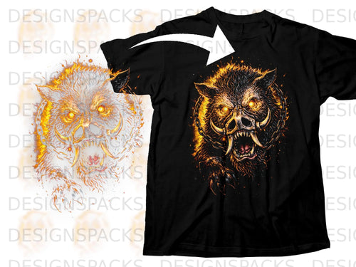 Black t-shirt with fiery wild boar graphic and chain detail.