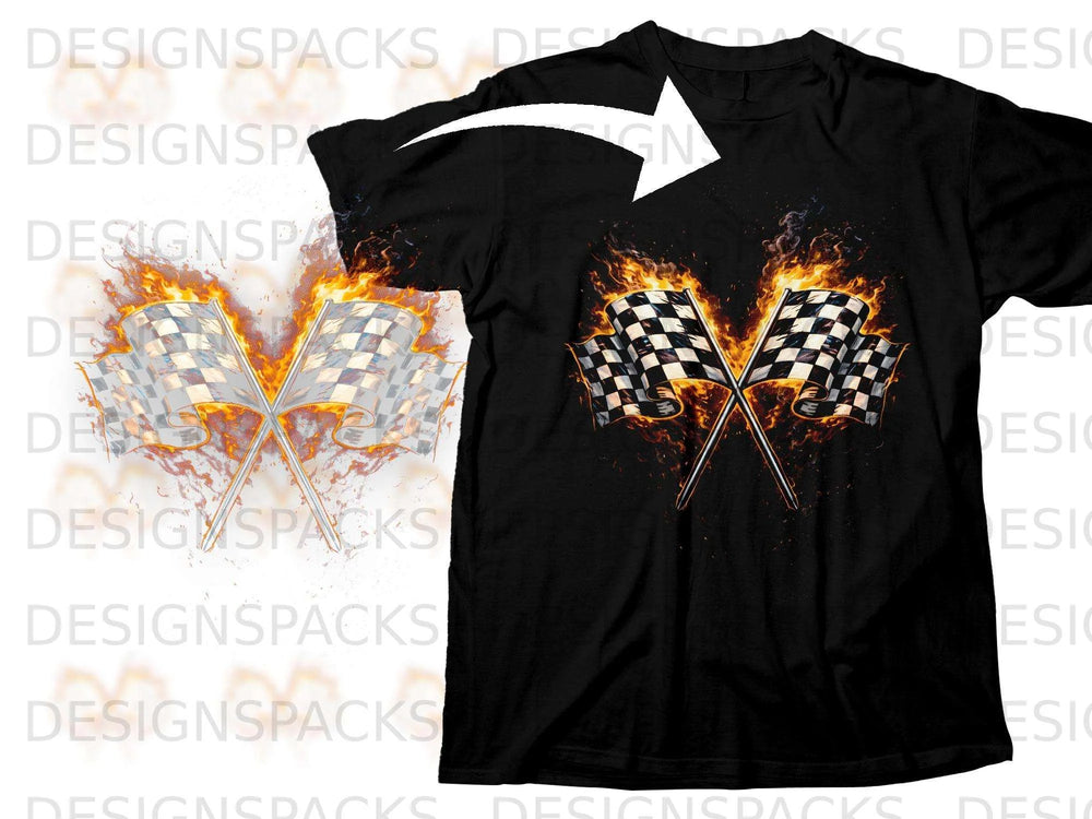 Black t-shirt with two flaming checkered flags graphic.