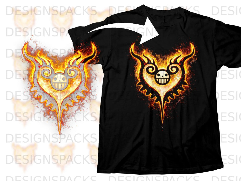 Black t-shirt with a flaming heart symbol featuring a skull face design.