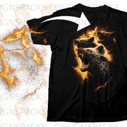 Black t-shirt with a print of three hyenas in flames and smoke.