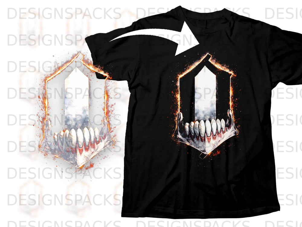 Black t-shirt with a graphic of flaming fangs within a hexagonal frame.