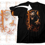 Black t-shirt featuring a fierce, fiery rat-like creature graphic with sharp claws.