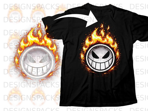 Black t-shirt with a flaming skull logo graphic on the front.
