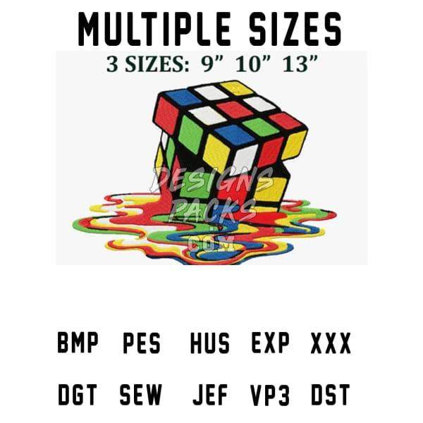Rubik's cube melting design in multiple sizes, embroidery formats PES, DST, EXP for DTG, DTF, tumbler wraps