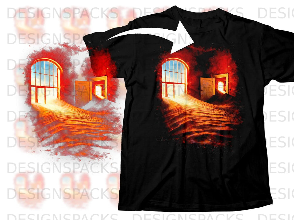 Black t-shirt with surreal desert landscape and arched window graphic.