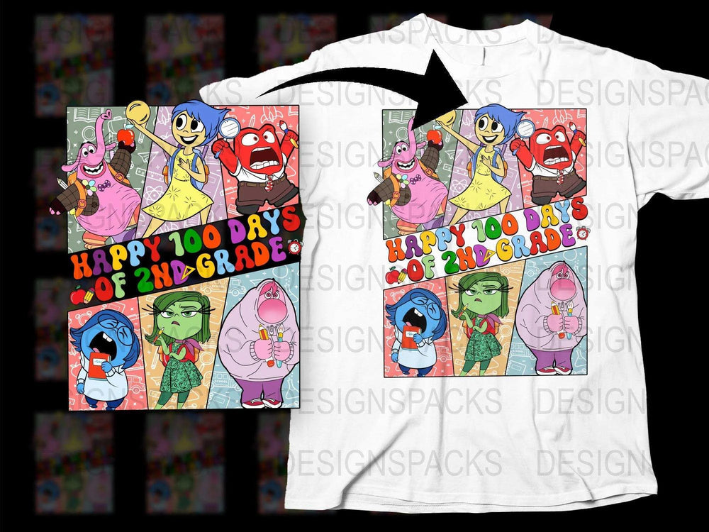 Happy 100 Days of 2nd Grade Shirt, Colorful Cartoon Characters, Kids T-Shirt Design, School Celebration Tee