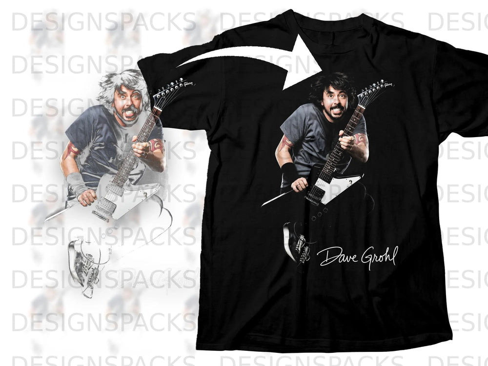 Black t-shirt featuring Dave Grohl playing a white guitar with his signature.