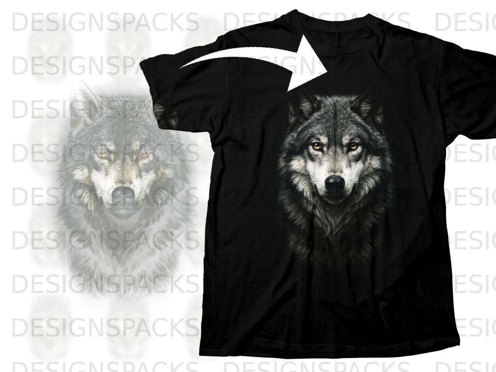 Black t-shirt with a detailed close-up graphic of a wolf's head.