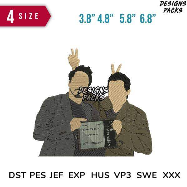 Embroidery design featuring two figures with peace signs, holding a 'Stark Internship' plaque, available in DST PES formats.