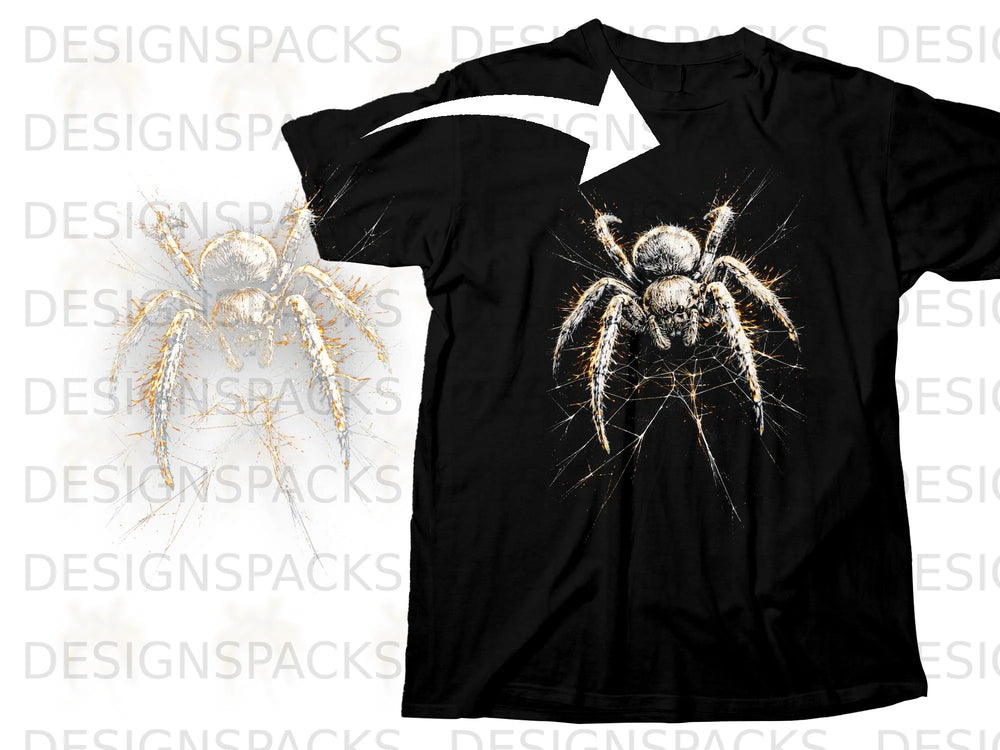 Black t-shirt with a detailed, realistic spider graphic on a web.