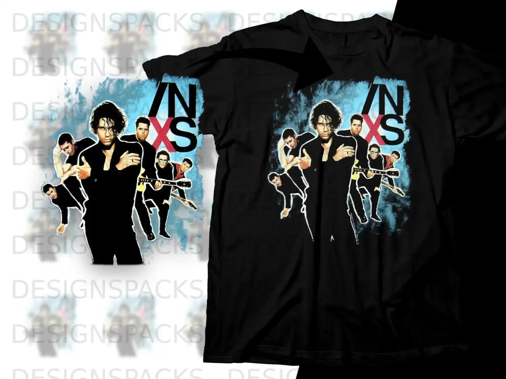 INXS band members in concert on black t-shirt design.