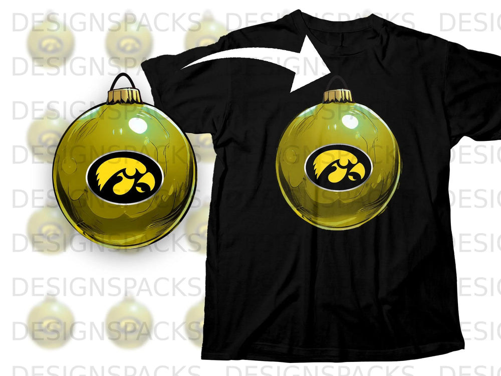 Black t-shirt with a gold Iowa Hawkeyes logo ornament graphic.