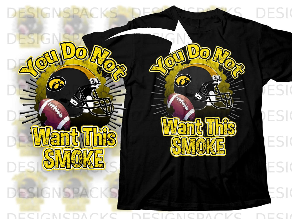 Iowa Hawkeyes football helmet and ball graphic with text.
