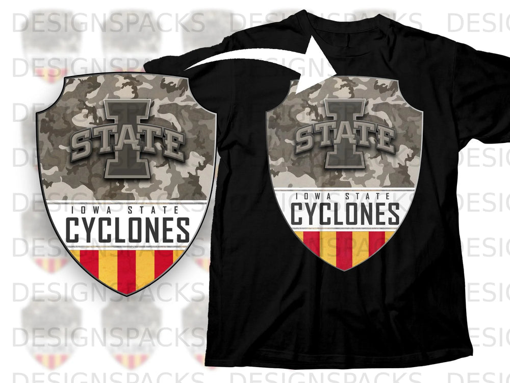 Black t-shirt with a camouflage shield logo for Iowa State Cyclones.