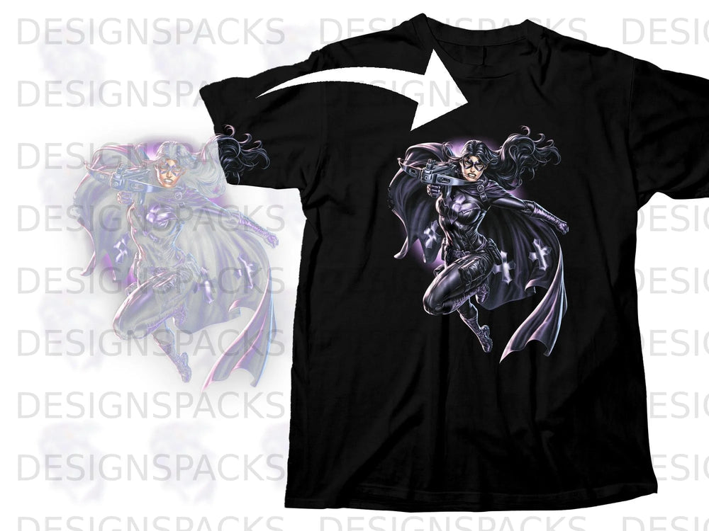 Black t-shirt featuring a woman in a dark costume holding a crossbow.