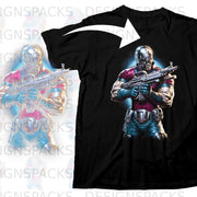 Black t-shirt with a comic book character holding a rifle.