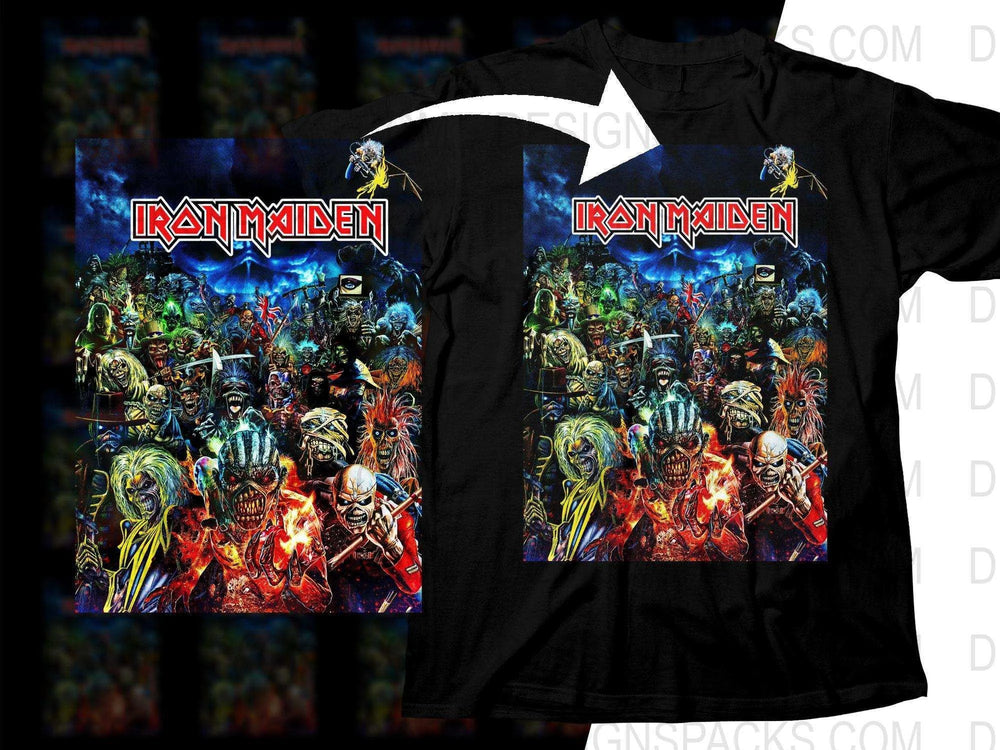 Iron Maiden band design on black t-shirt, vibrant rock artwork for print-ready DTG/DTF use