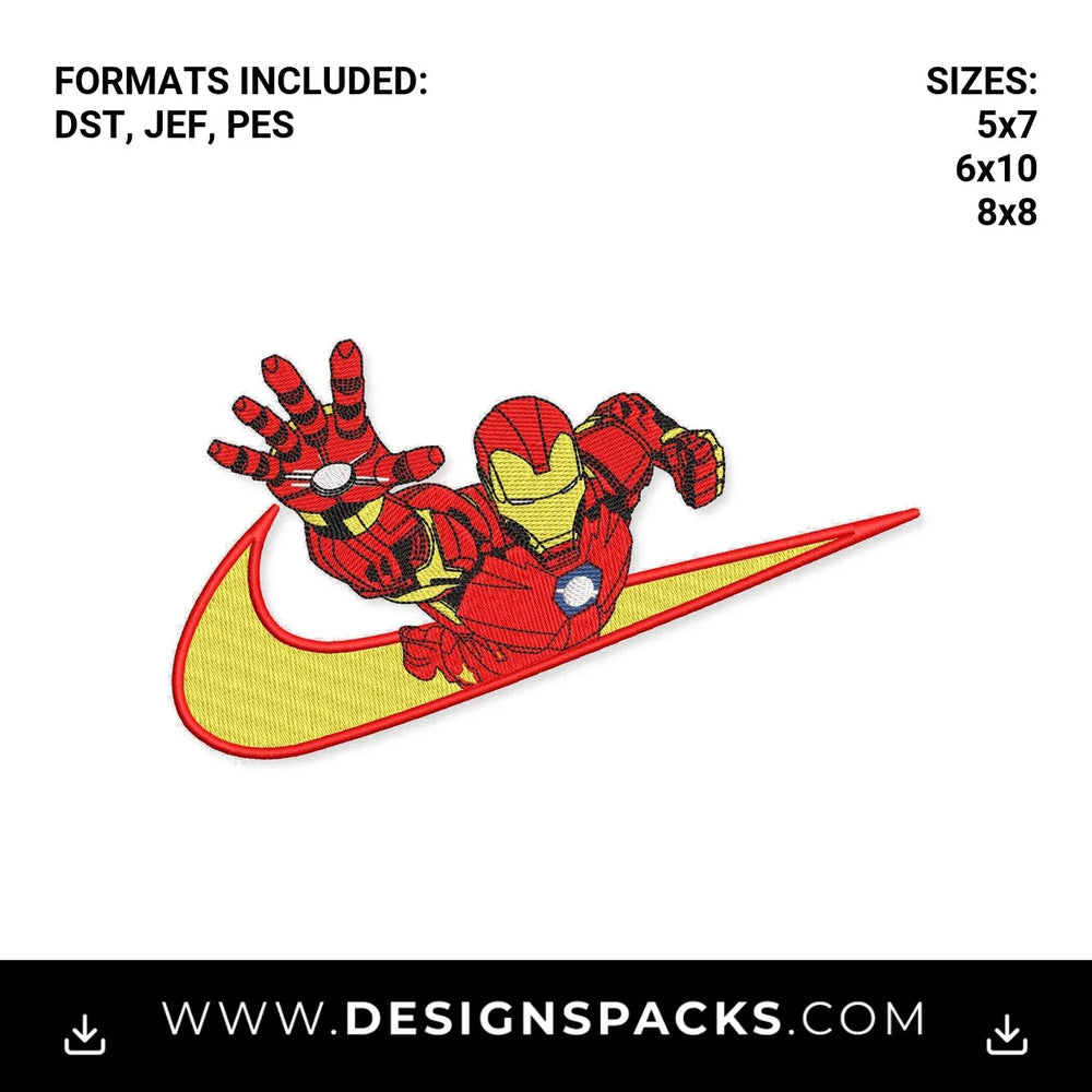 Iron Man Swoosh Superhero Logo Embroidery Design - Instant digital download pattern at Designspacks.com