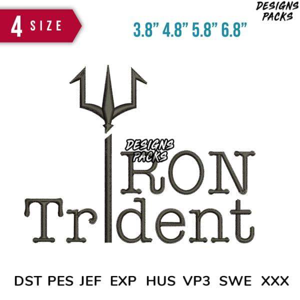 Iron Trident embroidery design in 4 sizes, compatible with DST PES JEF formats for instant download.