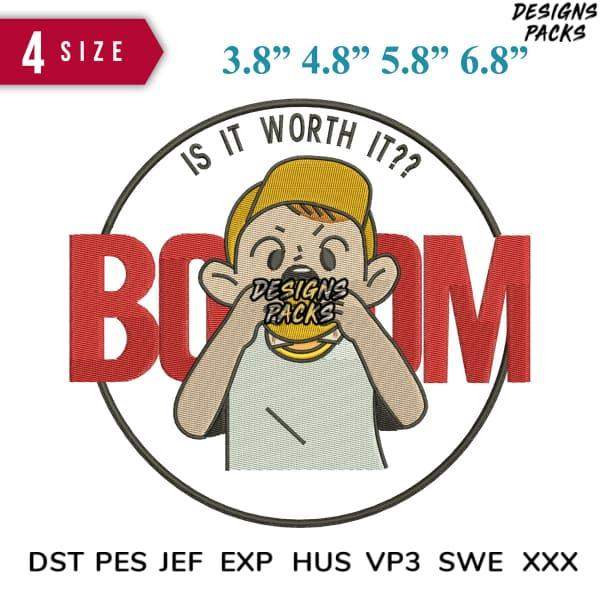 Embroidery design: cartoon boy eating burger with 'IS IT WORTH IT??' text, available in 4 sizes, DST PES formats