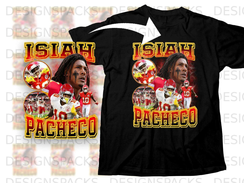 Kansas City Chiefs Isaiah Pacheco t-shirt with player and stadium graphics.