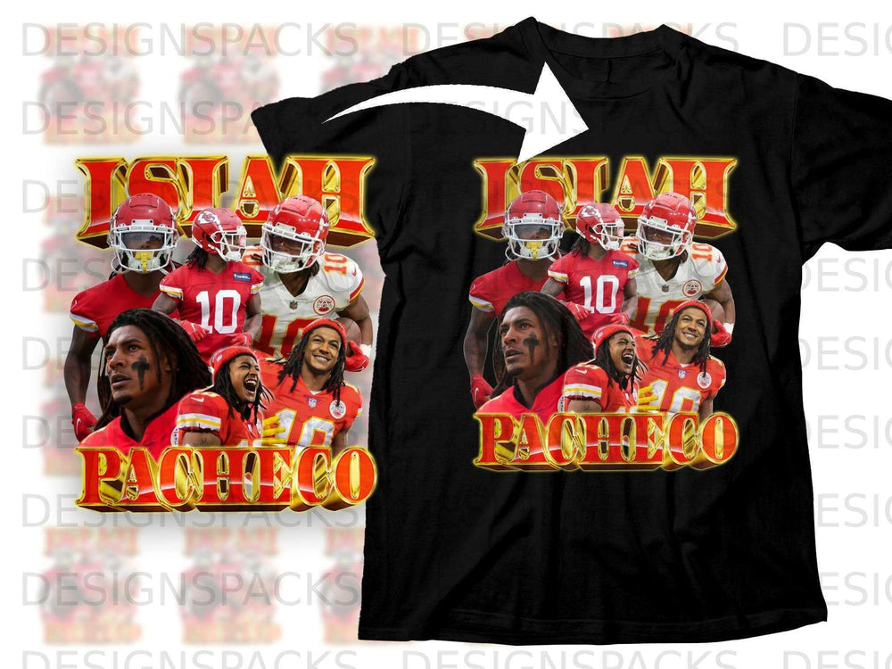 Kansas City Chiefs player Isiah Pacheco on a black t-shirt.