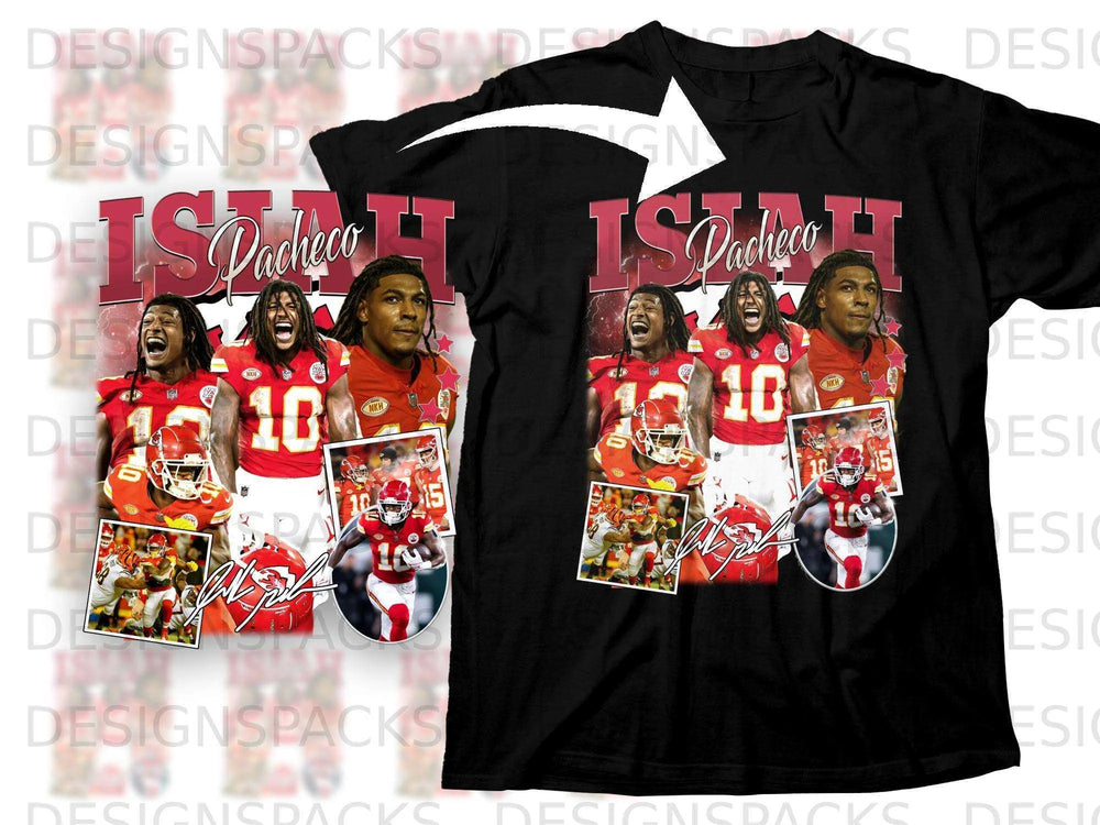Kansas City Chiefs Isaiah Pacheco jersey featuring multiple player action shots.
