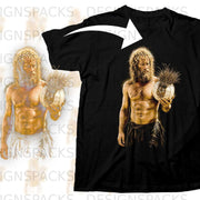 Black t-shirt with graphic of a shirtless, muscular man holding a volleyball.
