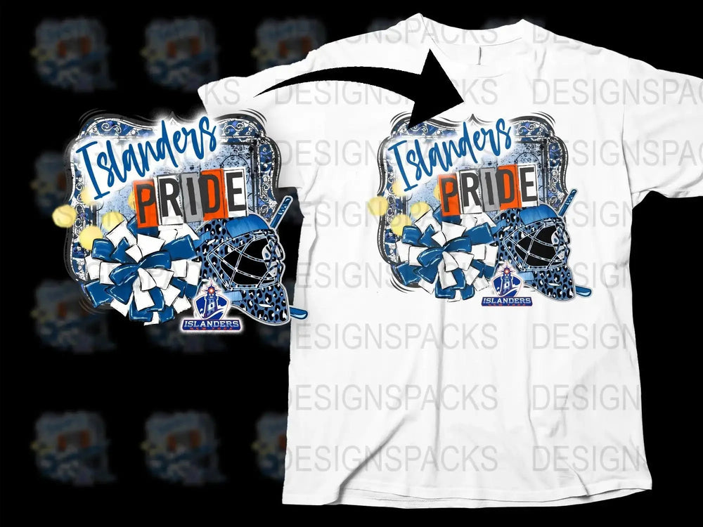 Islanders Pride t-shirt design with blue and white pom-poms, hockey gear, and team logo