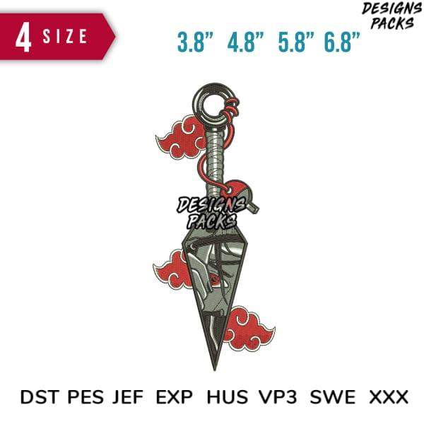 Ninja kunai embroidery design with red clouds, available in 4 sizes & multiple formats for instant download
