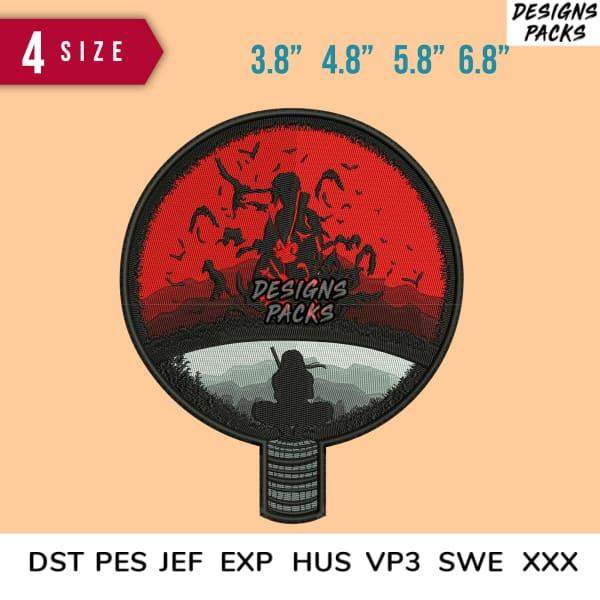 Embroidery design with red sunset, silhouettes, and 'Designs Packs' text, available in multiple sizes and formats.
