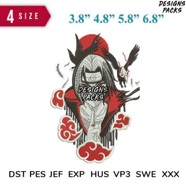 Anime character embroidery design with red clouds, available in multiple sizes and formats