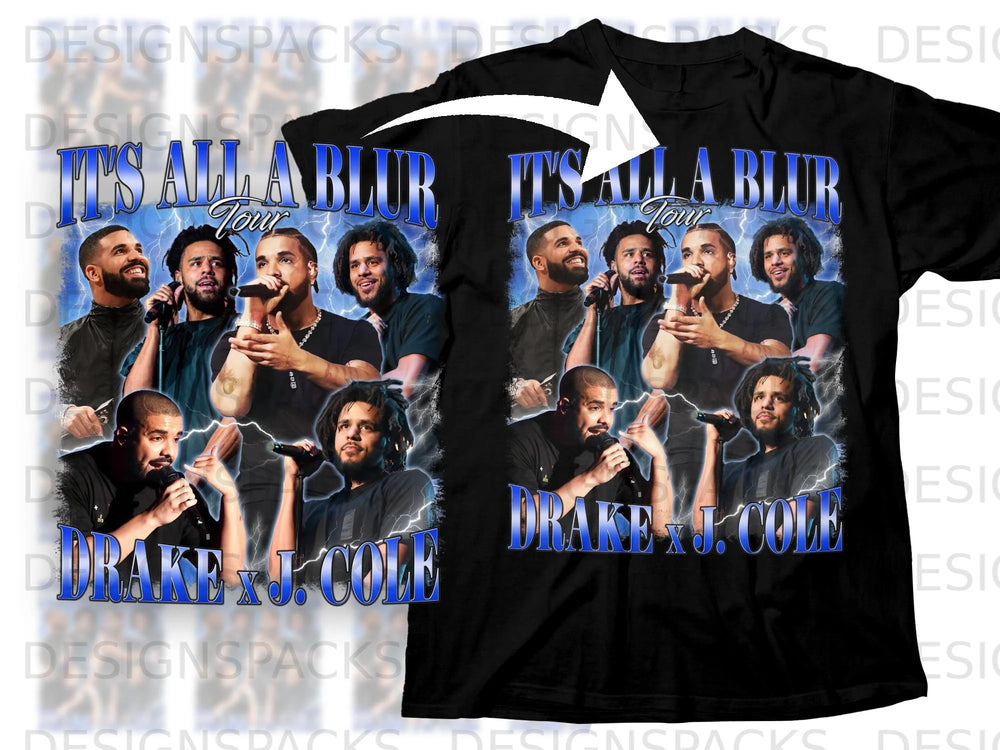 Black t-shirt featuring Drake and J. Cole with "It's All A Blur Tour" text.