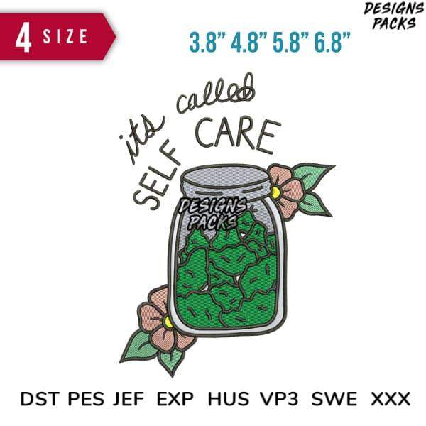 Self care embroidery design with mason jar, flowers, 4 sizes, DST PES JEF formats